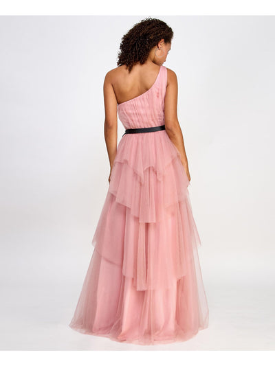 CITY STUDIO Womens Pink Zippered Ruffled Lined Belted Sleeveless Asymmetrical Neckline Full-Length Formal Gown Dress Juniors 3\4