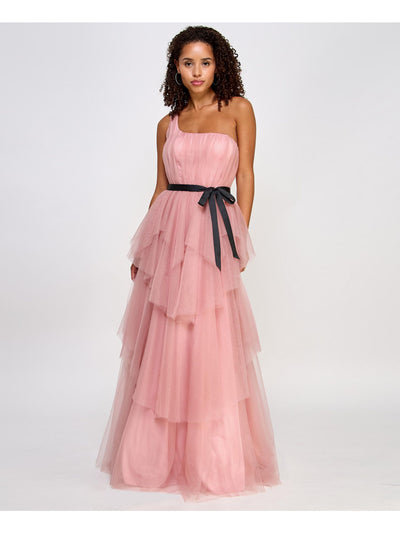 CITY STUDIO Womens Pink Zippered Ruffled Lined Belted Sleeveless Asymmetrical Neckline Full-Length Formal Gown Dress Juniors 3\4