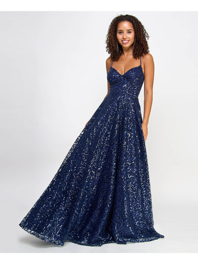 SAY YES TO THE PROM Womens Navy Zippered Lined Lace-up Back Spaghetti Strap Sweetheart Neckline Full-Length Prom Gown Dress Juniors 7\8