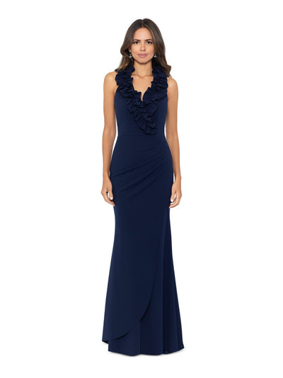 XSCAPE Womens Navy Ruffled Zippered Ruched Front Overlay Lined Sleeveless V Neck Full-Length Formal Gown Dress Petites 12P