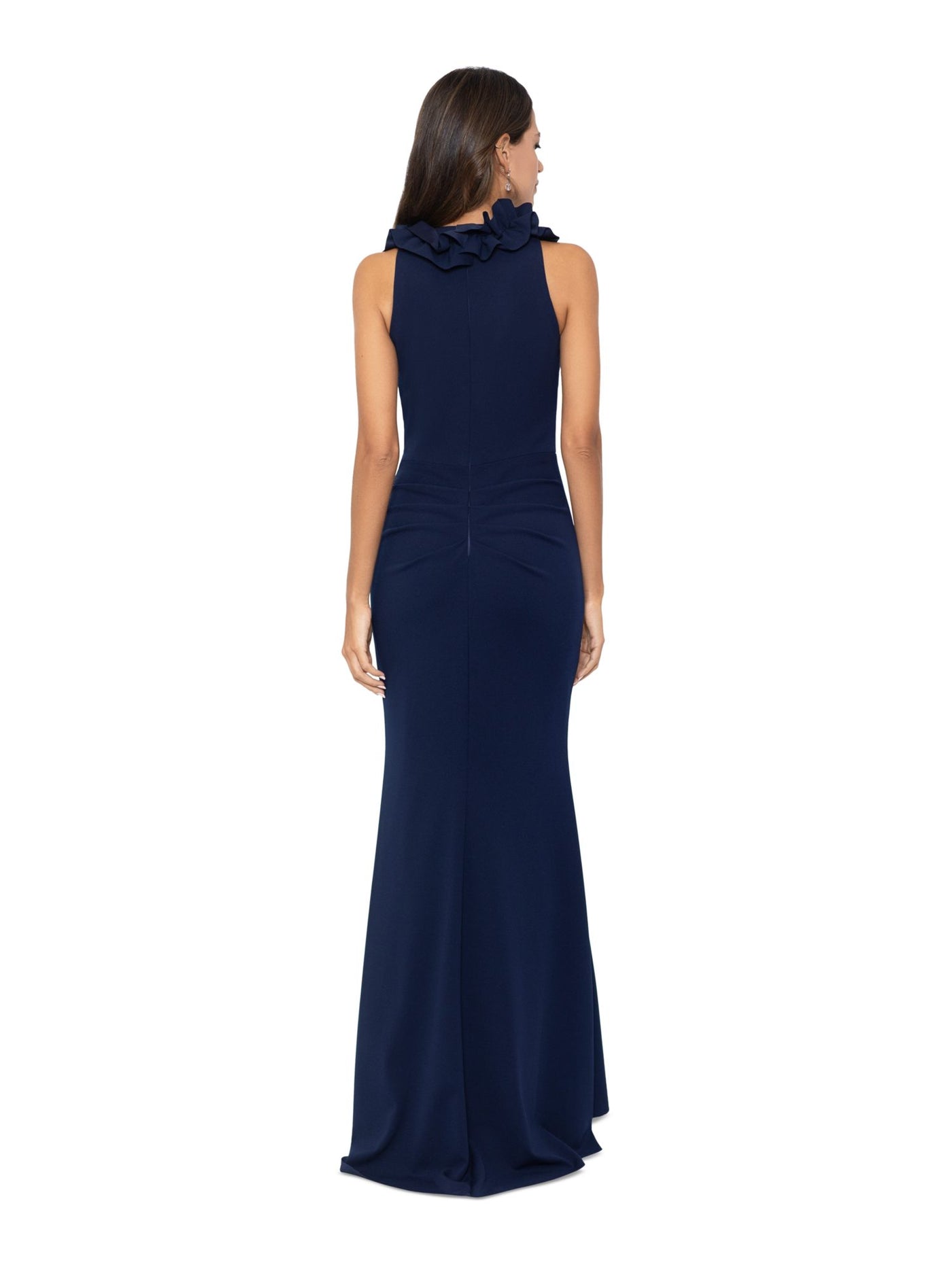 XSCAPE Womens Navy Ruffled Zippered Ruched Front Overlay Lined Sleeveless V Neck Full-Length Formal Gown Dress Petites 8P