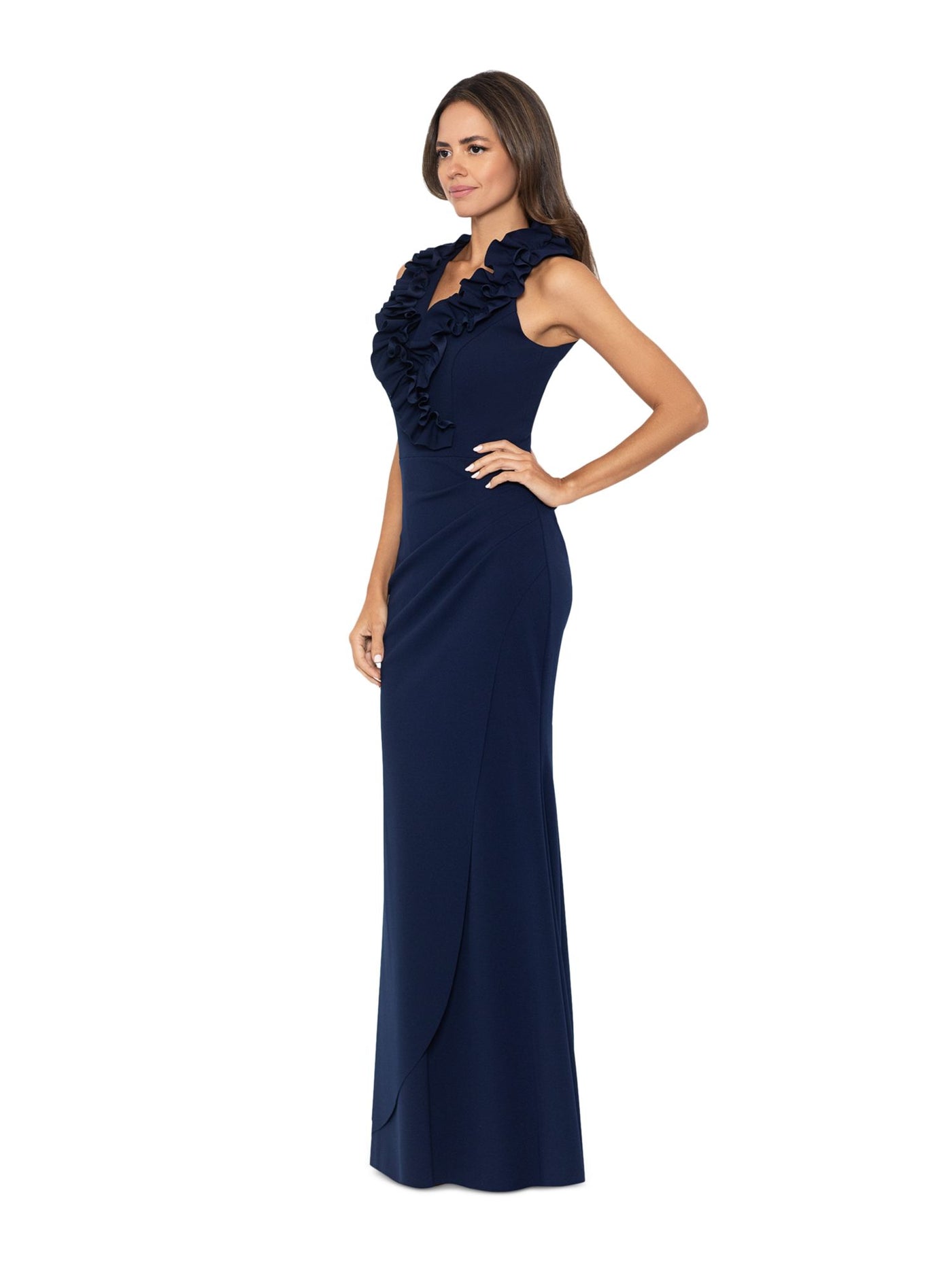 XSCAPE Womens Navy Ruffled Zippered Ruched Front Overlay Lined Sleeveless V Neck Full-Length Formal Gown Dress Petites 12P