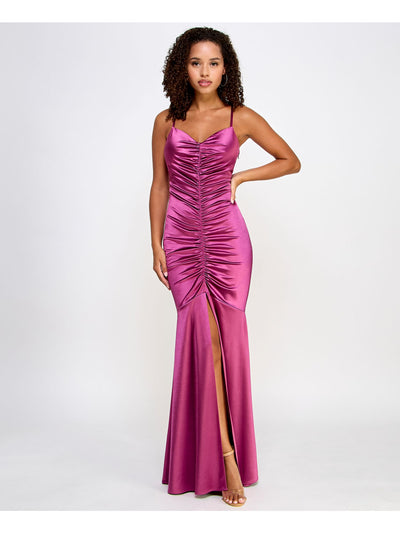 BCX DRESS Womens Pink Slitted Ruched Zippered Spaghetti Strap V Neck Full-Length Formal Mermaid Dress Juniors 1