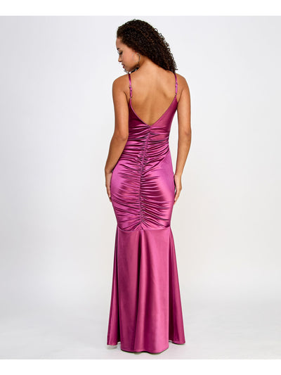 BCX DRESS Womens Pink Slitted Ruched Zippered Spaghetti Strap V Neck Full-Length Formal Mermaid Dress Juniors 1
