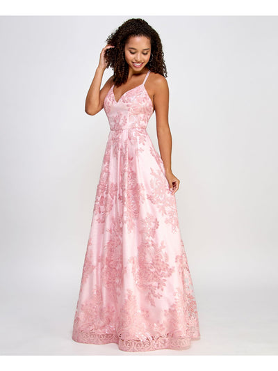 BCX DRESS Womens Pink Zippered Pleated Crisscross Back Padded Lined Spaghetti Strap Sweetheart Neckline Full-Length Prom Fit + Flare Dress Juniors 13