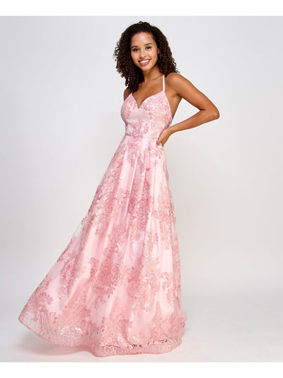 BCX DRESS Womens Pink Zippered Pleated Crisscross Back Padded Lined Spaghetti Strap Sweetheart Neckline Full-Length Prom Fit + Flare Dress Juniors 13