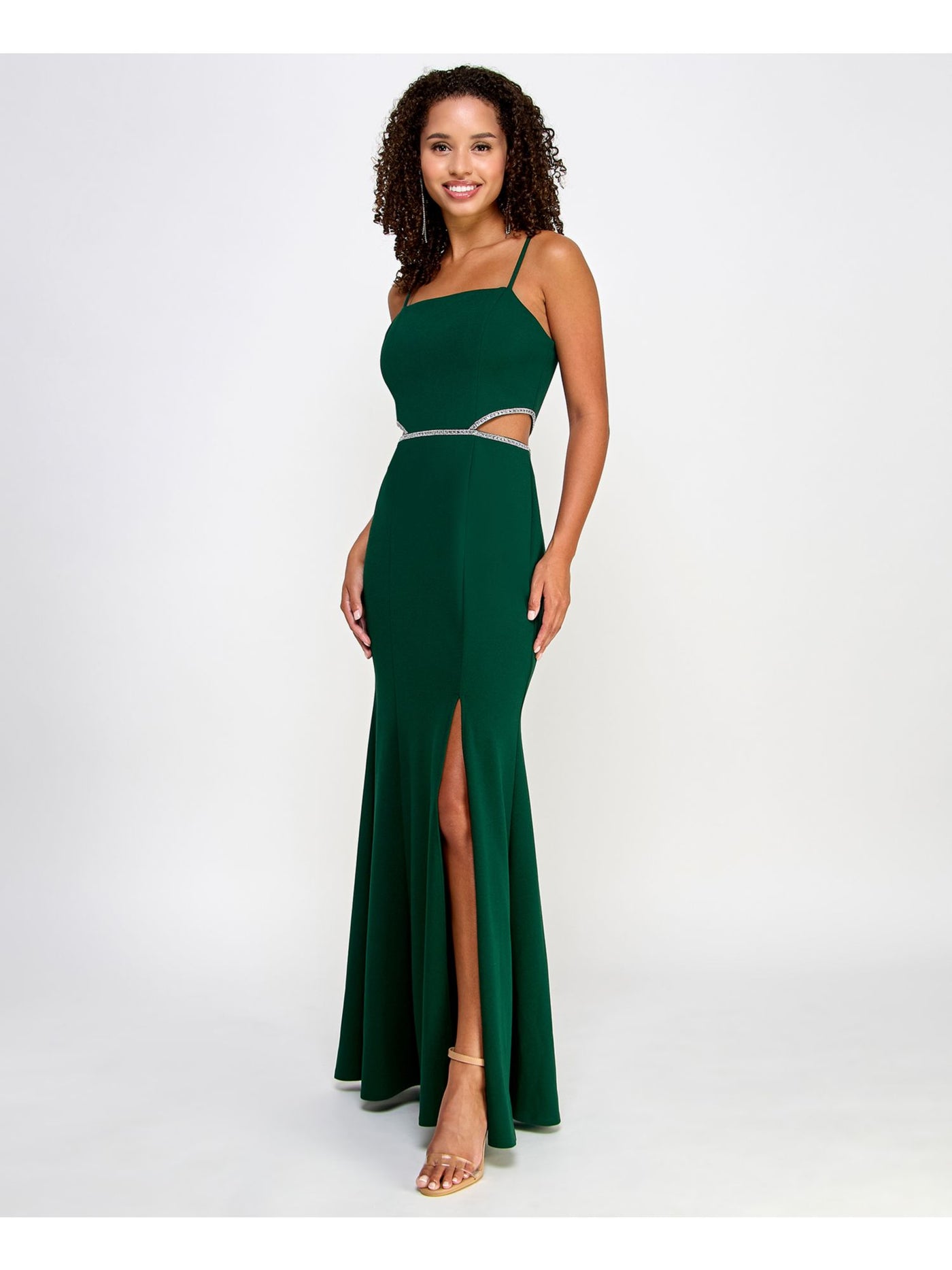 BCX DRESS Womens Green Embellished Cut Out Unlined Zippered Spaghetti Strap Square Neck Full-Length Formal Gown Dress Juniors 5