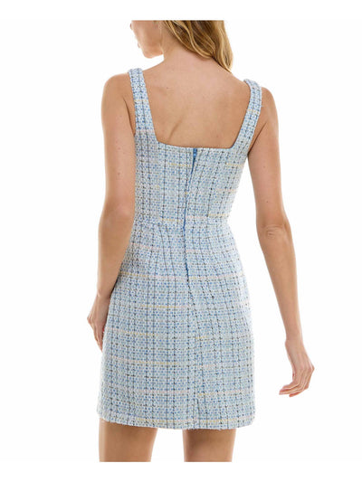 CITY STUDIO Womens Light Blue Zippered Lined Button Accents Metallic Detail Sleeveless Square Neck Short Party Sheath Dress Juniors 7\8