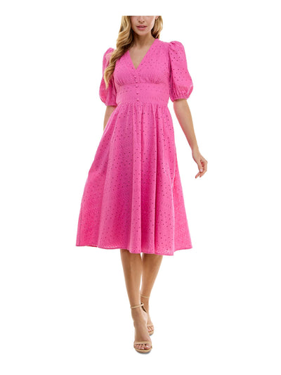 CITY STUDIO Womens Pink Eyelet Lined Front Button Closure Pouf Sleeve V Neck Midi Party Fit + Flare Dress Juniors L