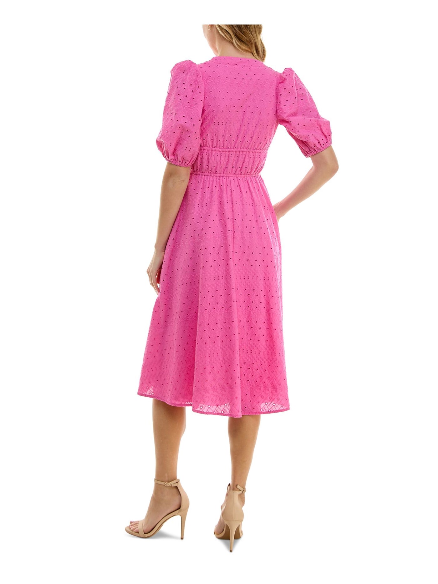 CITY STUDIO Womens Pink Eyelet Lined Front Button Closure Pouf Sleeve V Neck Midi Party Fit + Flare Dress Juniors L