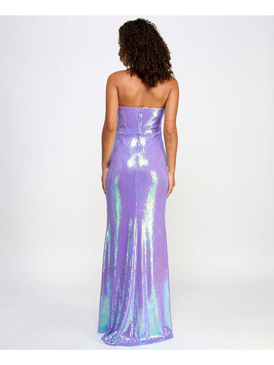 EMERALD SUNDAE Womens Purple Zippered Lined Feather Trim Thigh-high Slit Sleeveless Strapless Full-Length Prom Gown Dress Juniors L\G