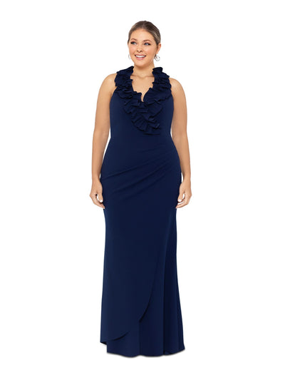 XSCAPE Womens Navy Zippered Ruffled Faux Wrap Rouched Sleeveless V Neck Full-Length Evening Gown Dress Plus 14W