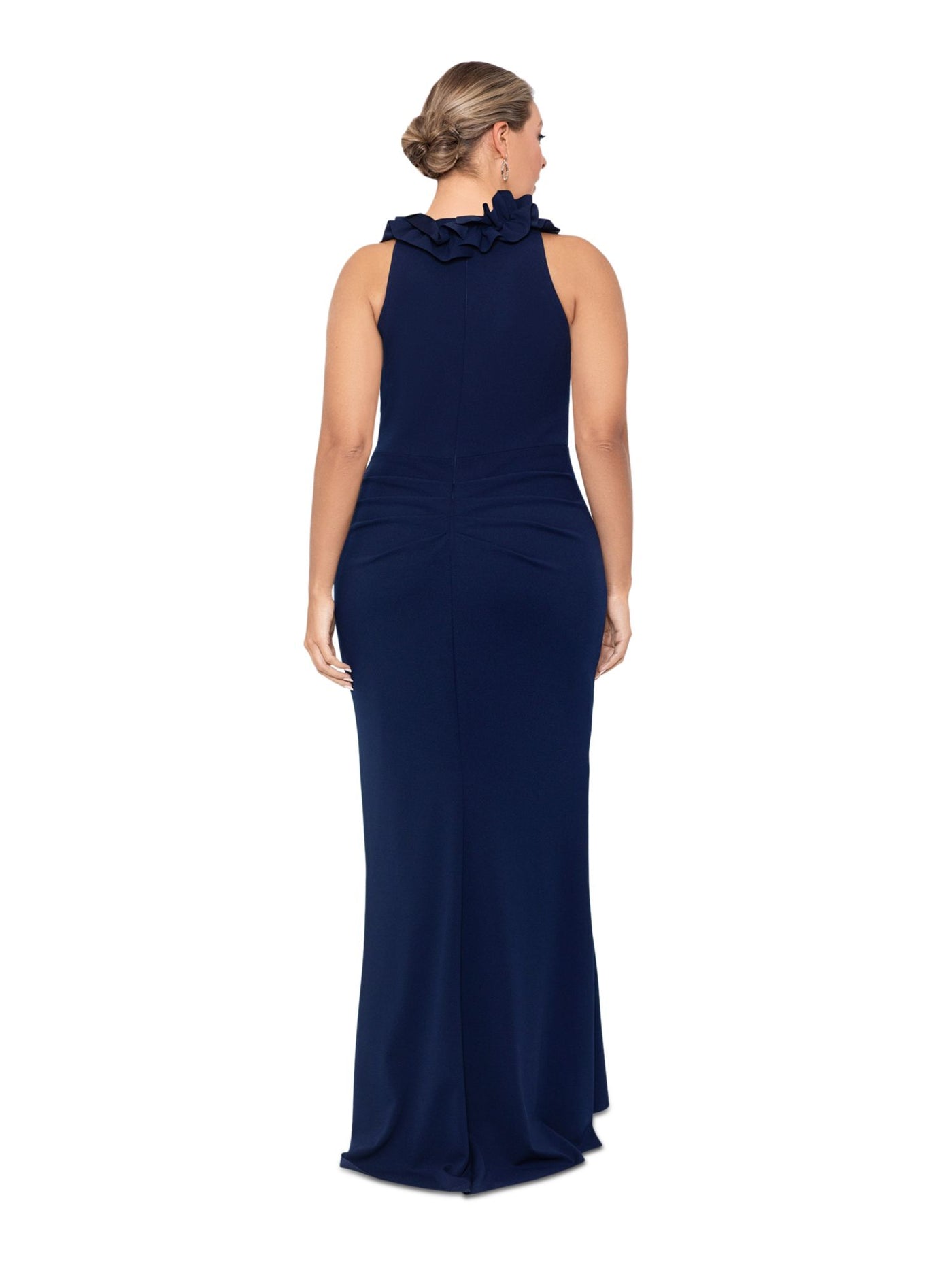 XSCAPE Womens Navy Zippered Ruffled Faux Wrap Rouched Sleeveless V Neck Full-Length Evening Gown Dress Plus 14W