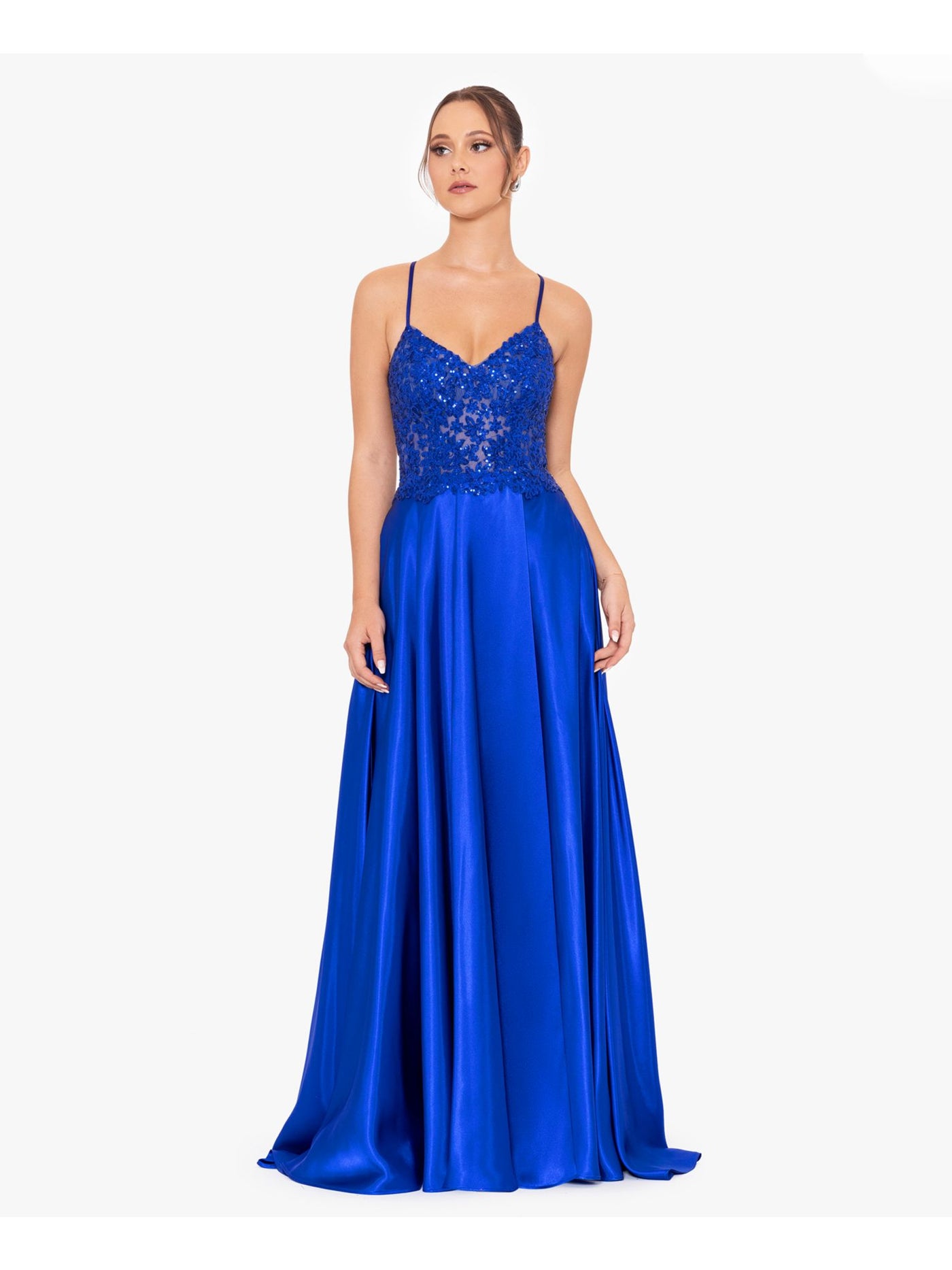 BLONDIE NITES Womens Blue Zippered Pocketed Lace-up Back Faux-wrap Skirt Spaghetti Strap V Neck Full-Length Prom Gown Dress Juniors 5