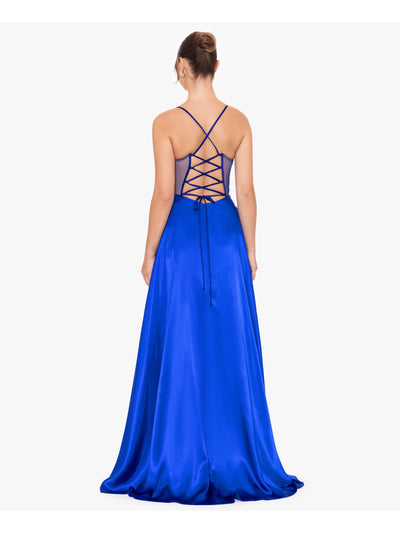 BLONDIE NITES Womens Blue Zippered Pocketed Lace-up Back Faux-wrap Skirt Spaghetti Strap V Neck Full-Length Prom Gown Dress Juniors 5