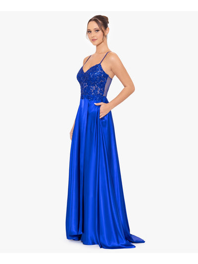 BLONDIE NITES Womens Blue Zippered Pocketed Lace-up Back Faux-wrap Skirt Spaghetti Strap V Neck Full-Length Prom Gown Dress Juniors 5