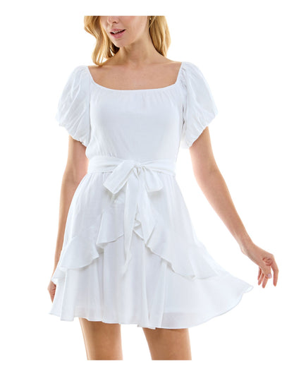 TRIXXI Womens White Ruffled Zippered Lined Pouf Sleeve Square Neck Mini Fit + Flare Dress Juniors XS