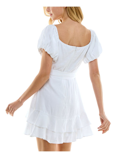 TRIXXI Womens White Zippered Lined Belted Tiered Ruffle Hem Pouf Sleeve Square Neck Short Fit + Flare Dress Juniors S