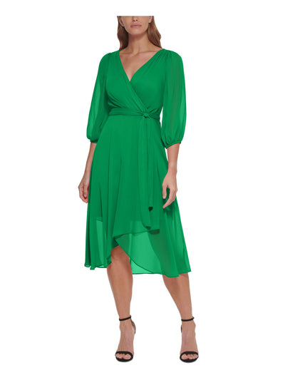 DKNY Womens Green Pleated Zippered Tie-belt Hi-low Hem Lined 3/4 Sleeve Surplice Neckline Midi Wear To Work Faux Wrap Dress 2