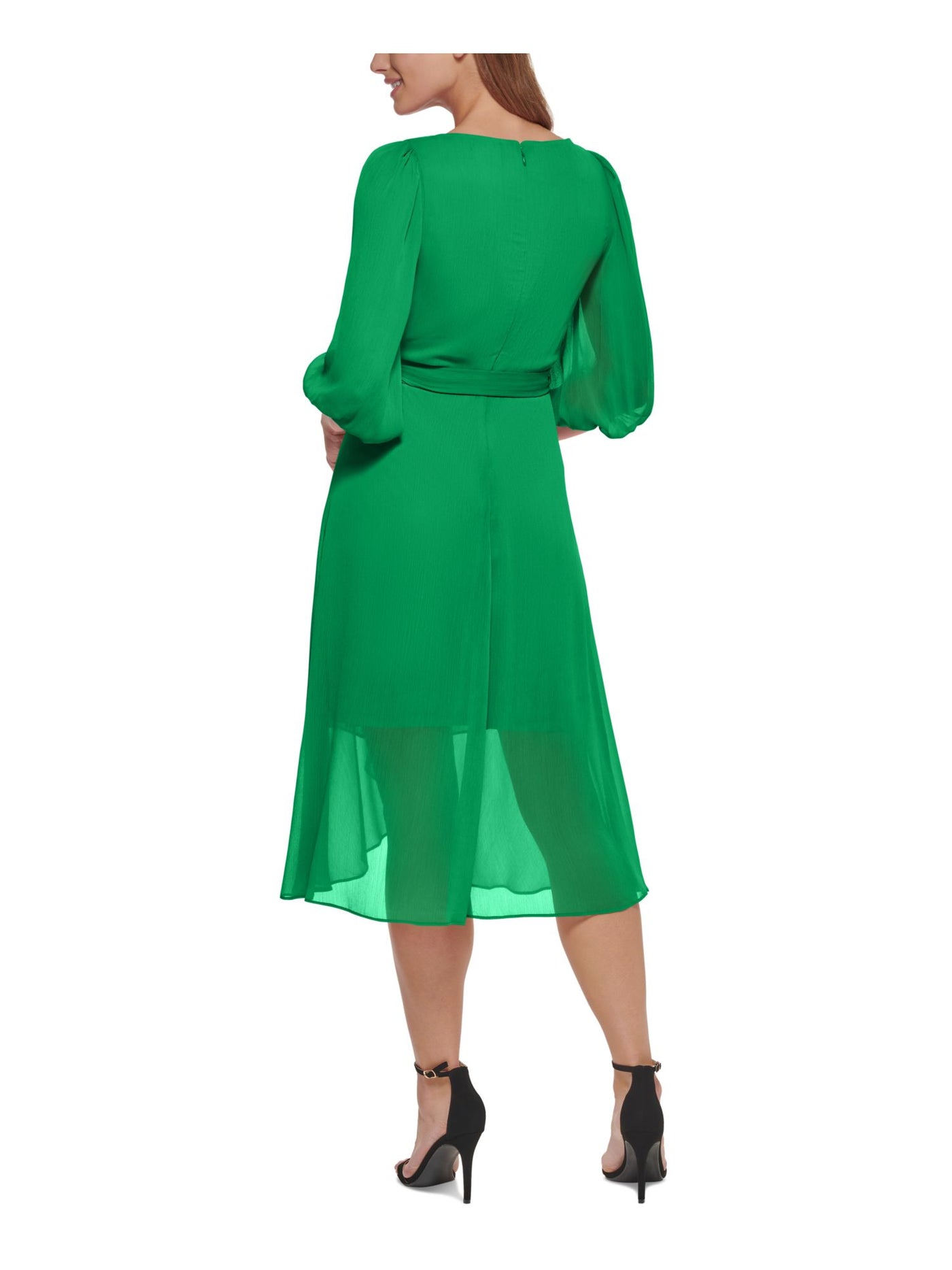 DKNY Womens Green Pleated Zippered Tie-belt Hi-low Hem Lined 3/4 Sleeve Surplice Neckline Midi Wear To Work Faux Wrap Dress 2