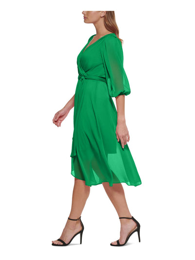 DKNY Womens Green Pleated Zippered Tie-belt Hi-low Hem Lined 3/4 Sleeve Surplice Neckline Midi Wear To Work Faux Wrap Dress 2