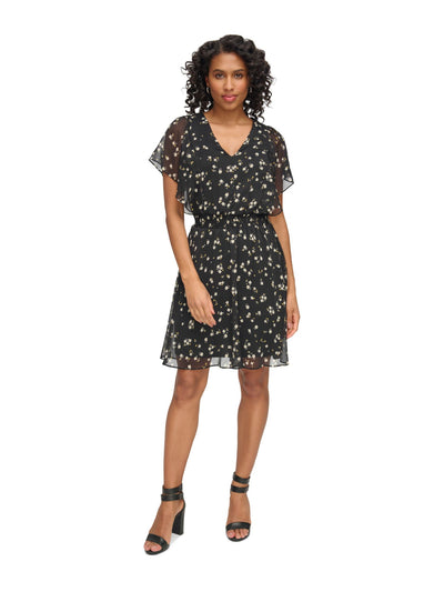 DKNY Womens Black Lined Smocked Waist Pullover Floral Flutter Sleeve V Neck Above The Knee Wear To Work Fit + Flare Dress 2