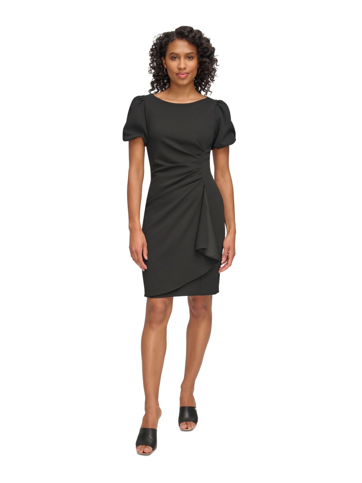 DKNY Womens Black Zippered Ruched Draped Skirt Pouf Sleeve Boat Neck Above The Knee Wear To Work Sheath Dress Petites 4P