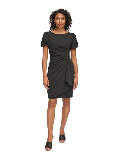 DKNY Womens Black Zippered Ruched Draped Skirt Pouf Sleeve Boat Neck Above The Knee Wear To Work Sheath Dress Petites 4P