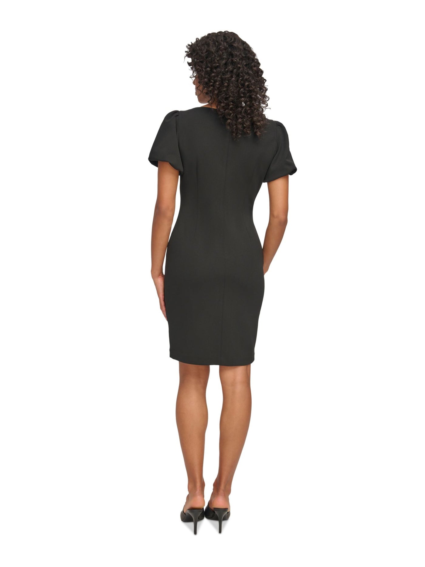 DKNY Womens Black Zippered Ruched Draped Skirt Pouf Sleeve Boat Neck Above The Knee Wear To Work Sheath Dress Petites 4P