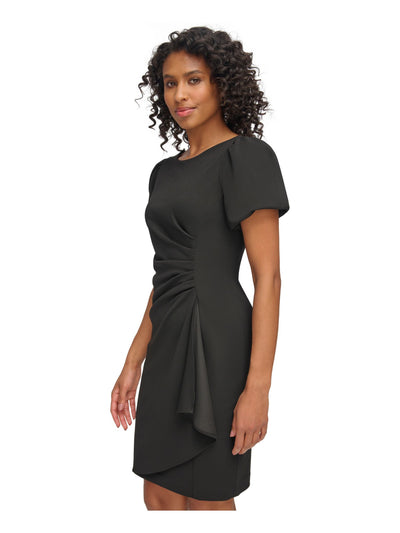 DKNY Womens Black Zippered Ruched Draped Skirt Pouf Sleeve Boat Neck Above The Knee Wear To Work Sheath Dress Petites 4P