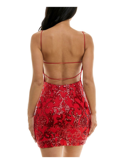 B DARLIN Womens Red Sequined Lined Open Strappy Back Spaghetti Strap Square Neck Short Party Body Con Dress Juniors XXL