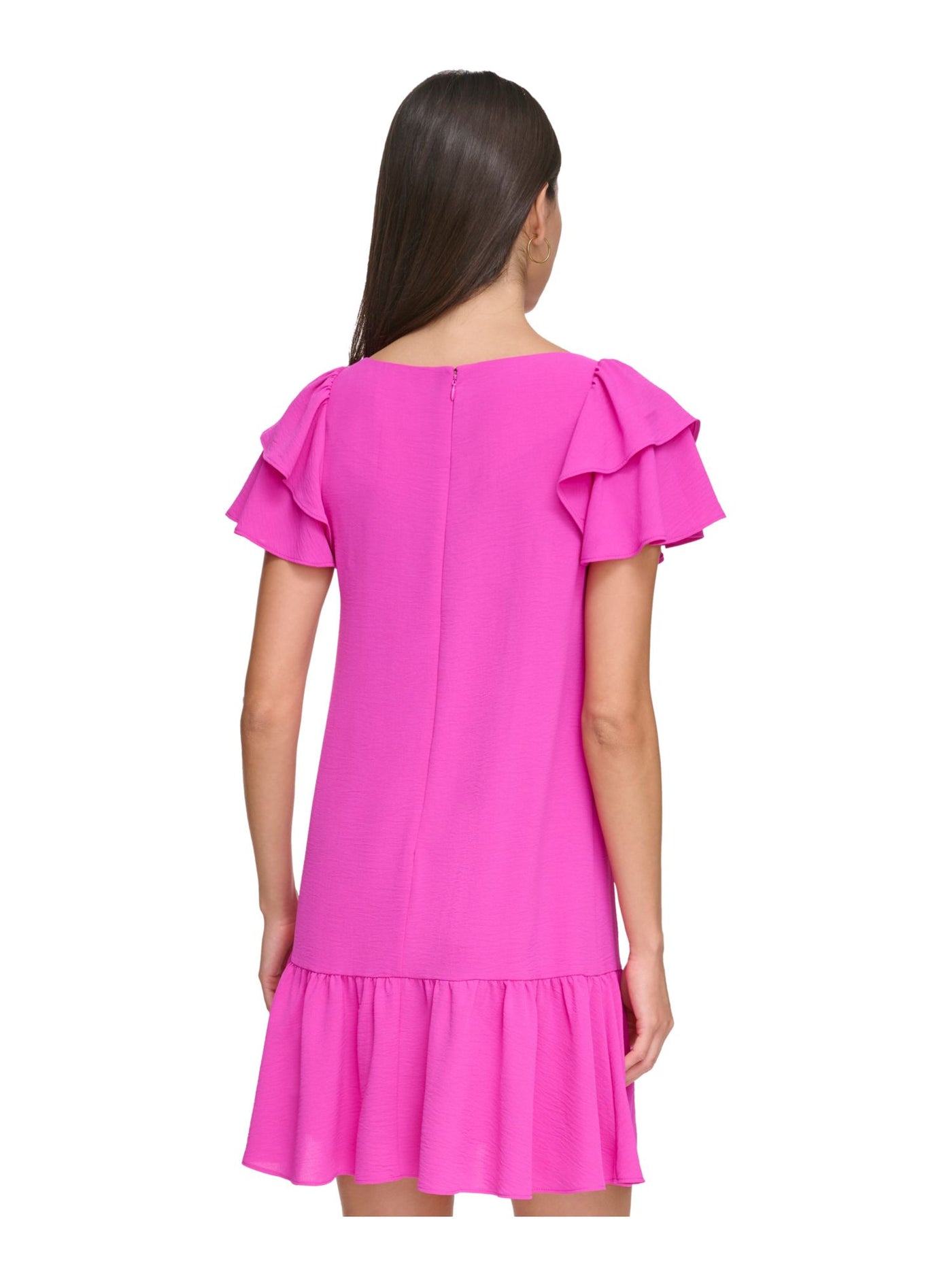 DKNY Womens Pink Zippered Ruffle Hem Flutter Sleeve Boat Neck Above The Knee Wear To Work Shift Dress Petites 12P