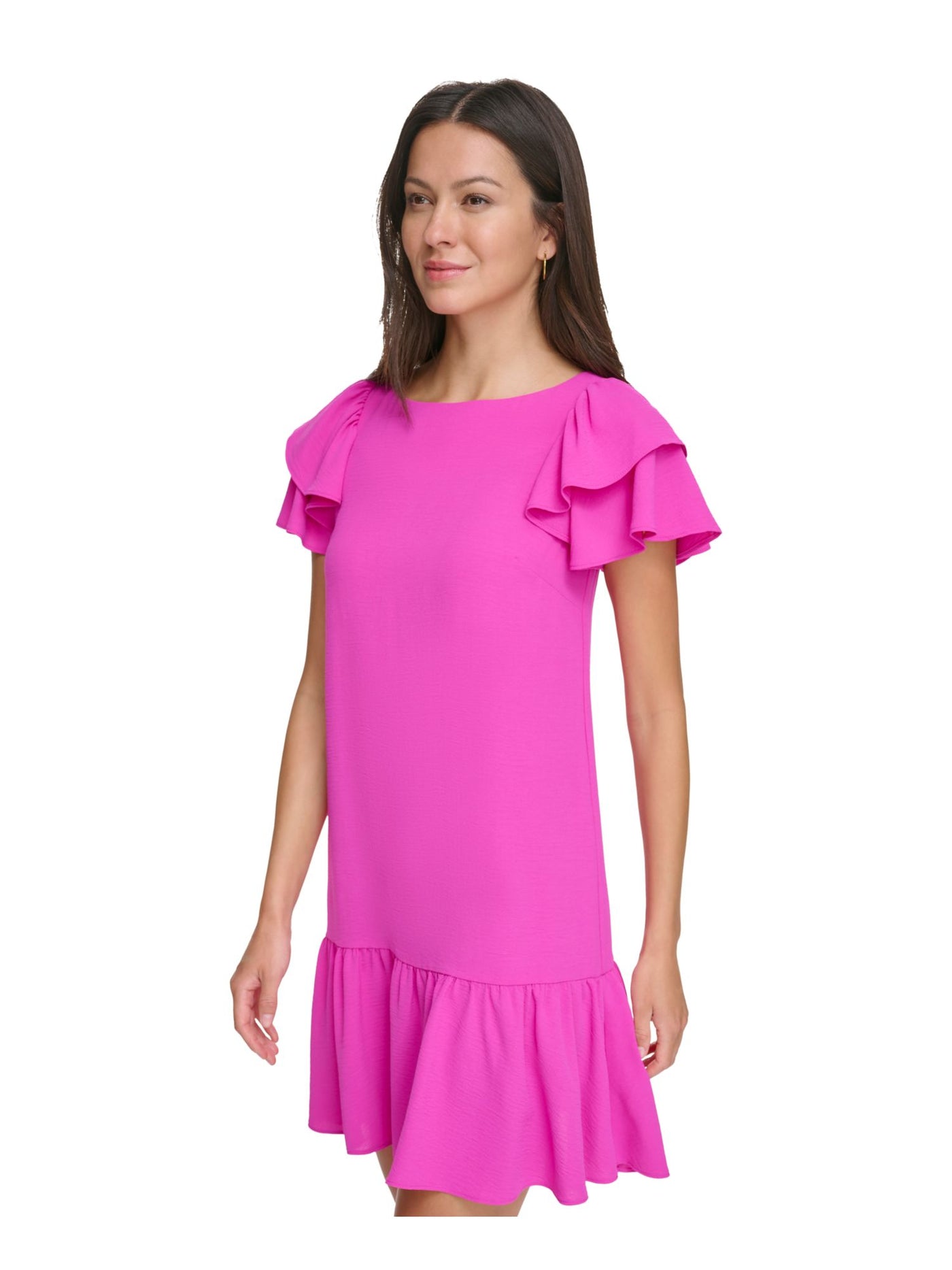 DKNY Womens Pink Zippered Ruffle Hem Flutter Sleeve Boat Neck Above The Knee Wear To Work Shift Dress Petites 12P