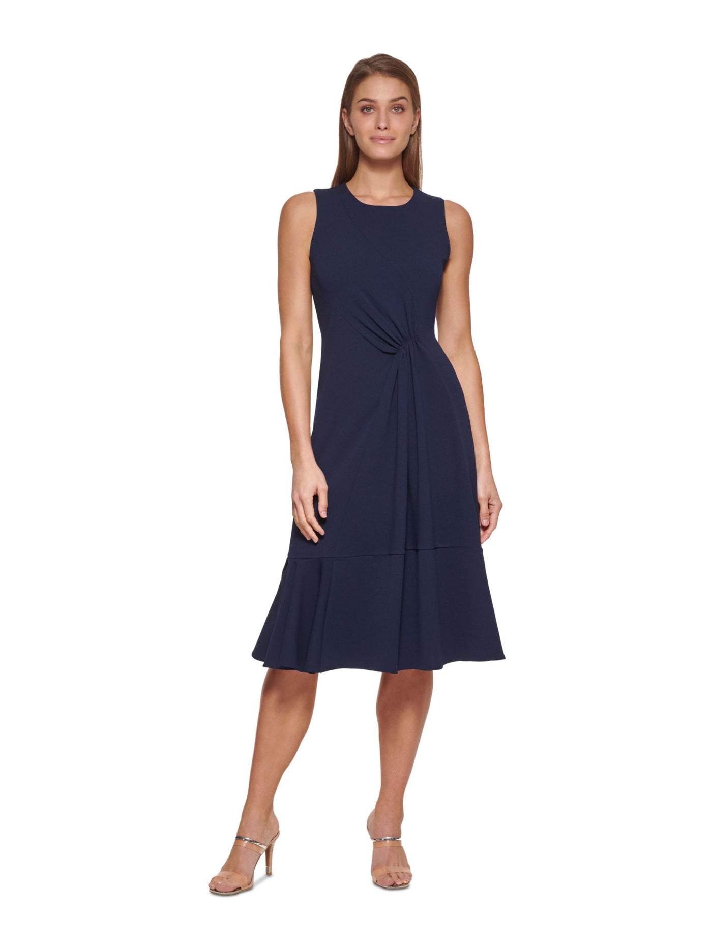 DKNY Womens Navy Zippered Unlined Tiered Ruched Front Sleeveless Round Neck Below The Knee Wear To Work Fit + Flare Dress 2