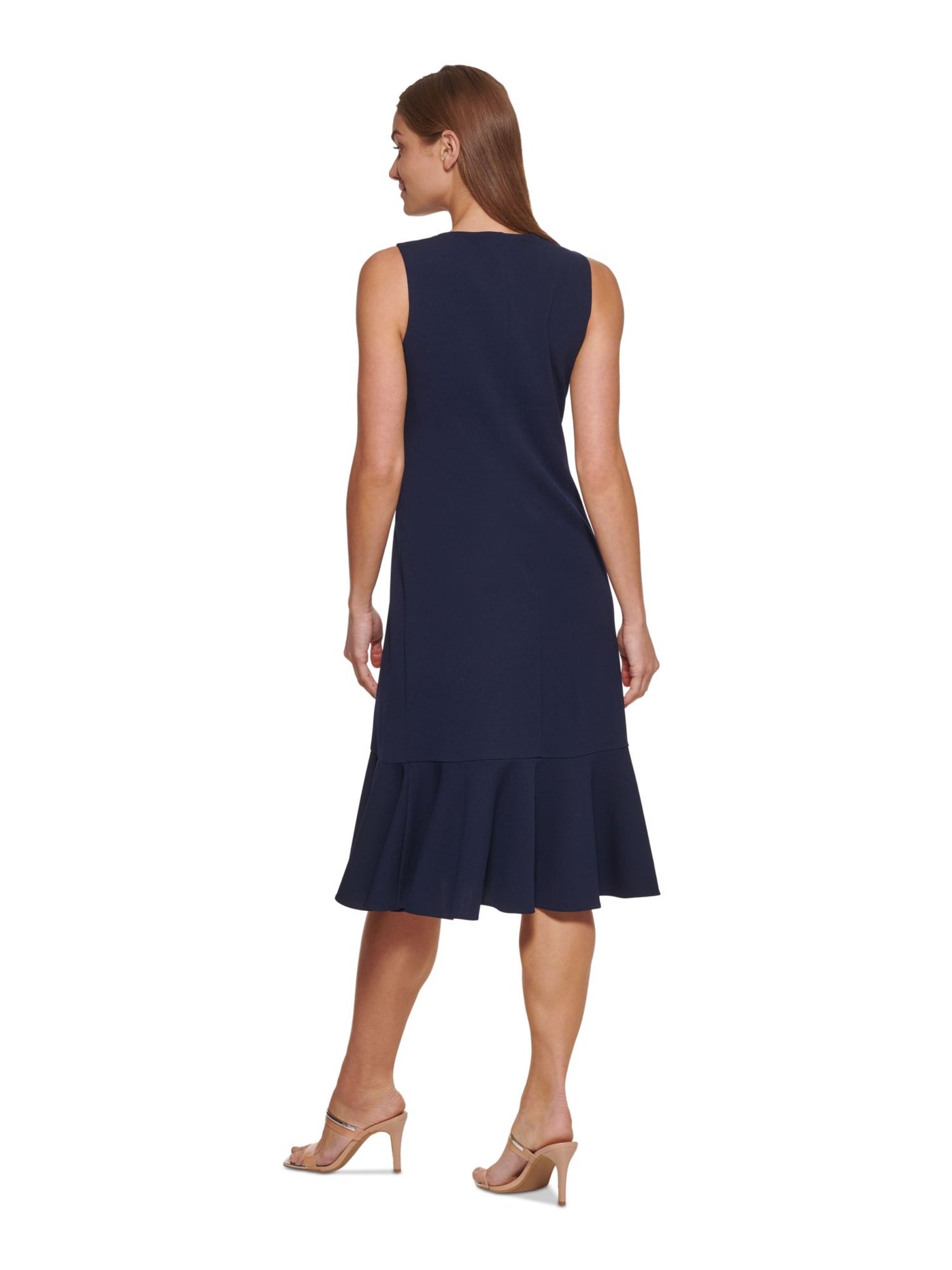 DKNY Womens Navy Zippered Unlined Tiered Ruched Front Sleeveless Round Neck Below The Knee Wear To Work Fit + Flare Dress 2