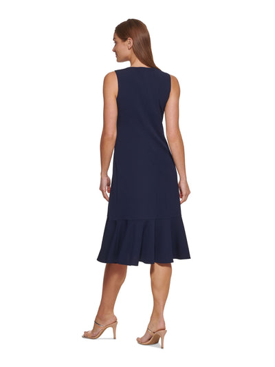 DKNY Womens Navy Zippered Unlined Tiered Ruched Front Sleeveless Round Neck Below The Knee Wear To Work Fit + Flare Dress 2