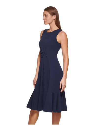 DKNY Womens Navy Zippered Unlined Tiered Ruched Front Sleeveless Round Neck Below The Knee Wear To Work Fit + Flare Dress 2