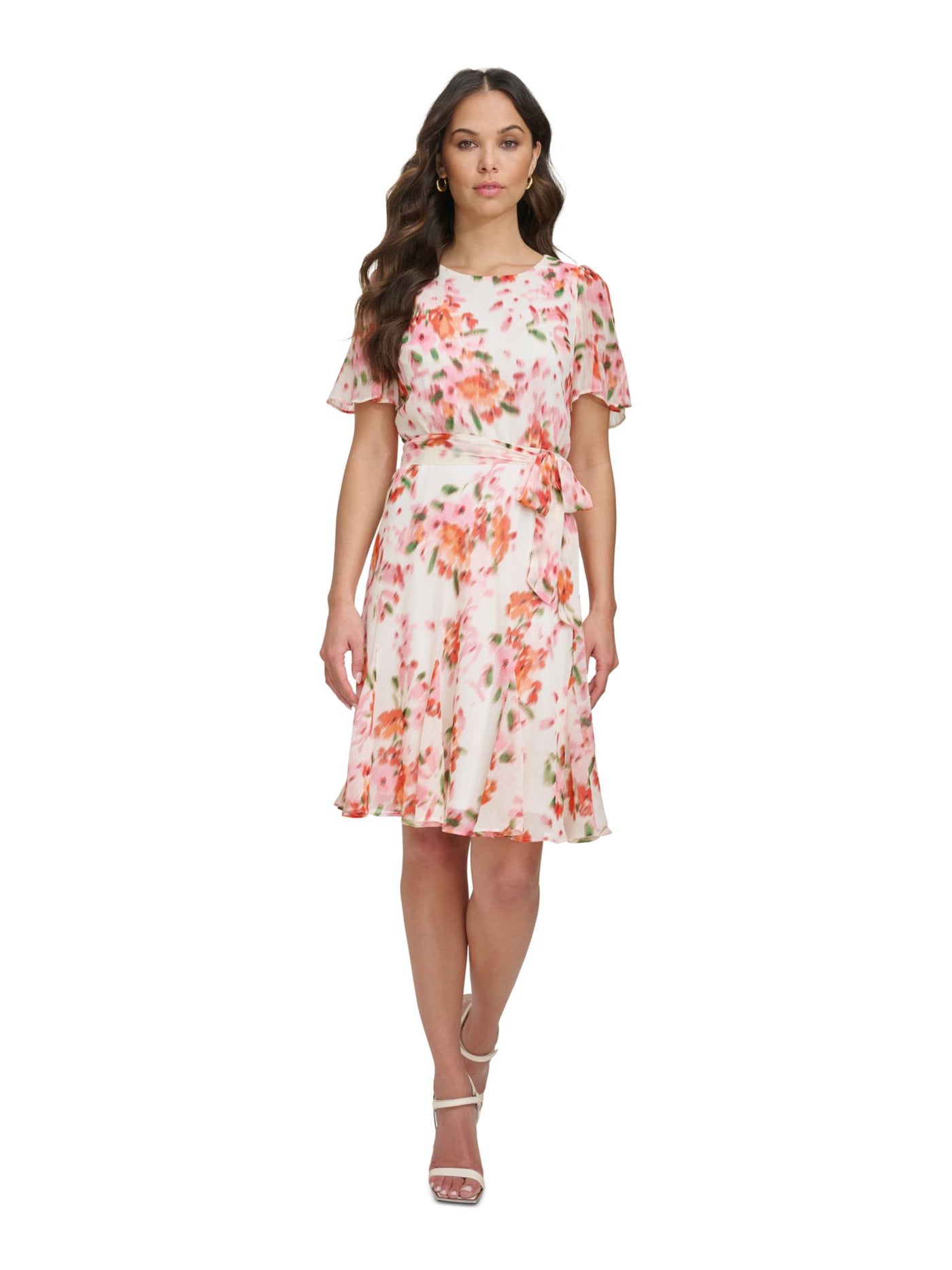 DKNY Womens Pink Zippered Lined Tie Printed Flutter Sleeve Scoop Neck Above The Knee Party Fit + Flare Dress Petites 10P