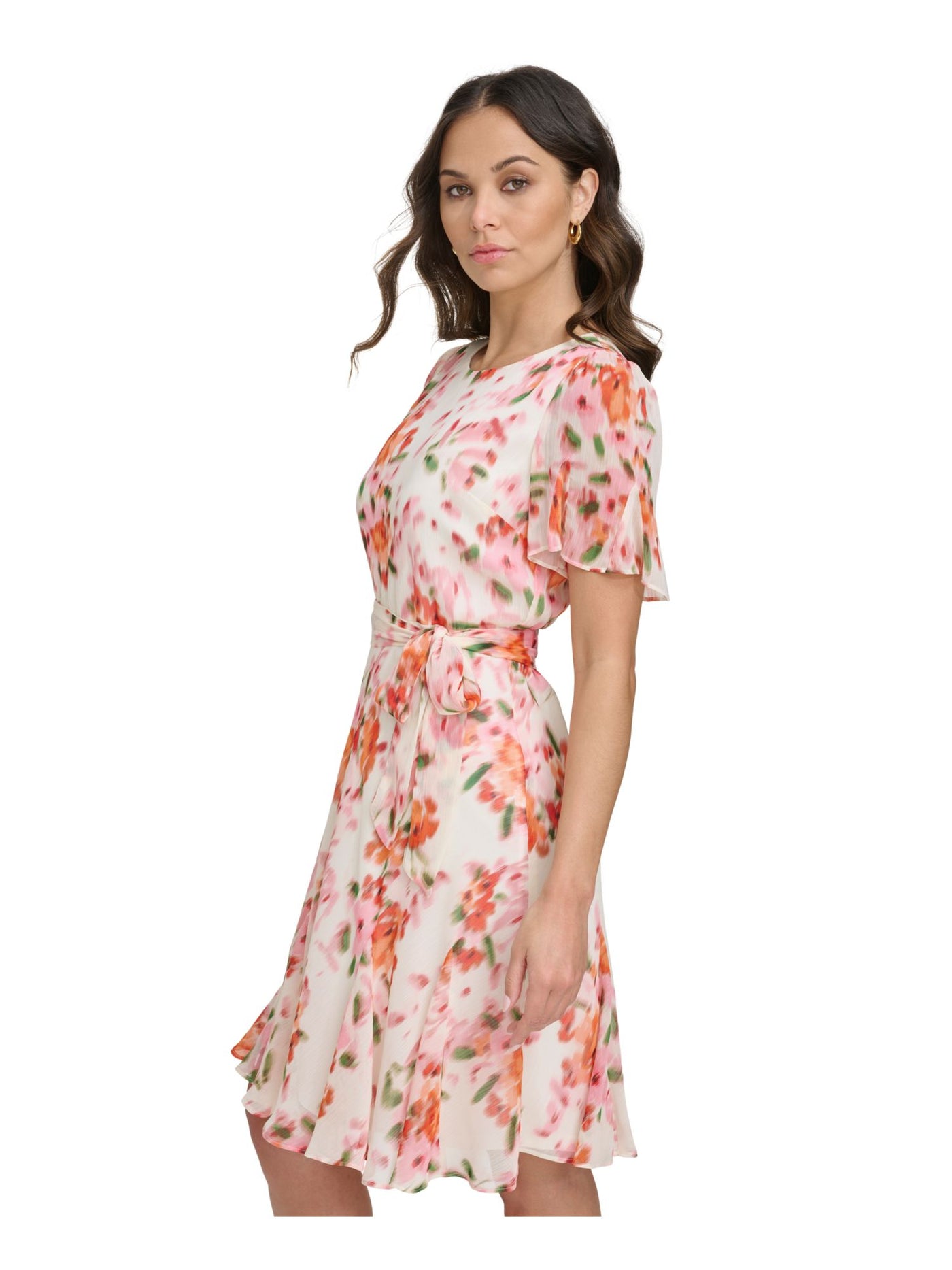 DKNY Womens Pink Zippered Lined Tie Printed Flutter Sleeve Scoop Neck Above The Knee Party Fit + Flare Dress Petites 10P