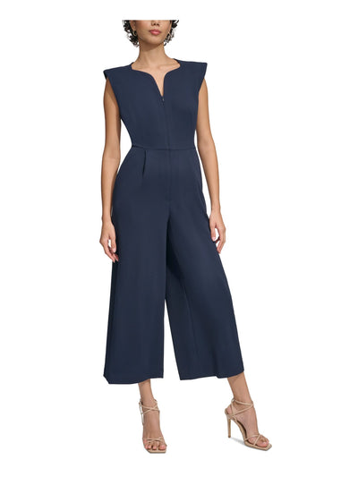 CALVIN KLEIN Womens Navy Zippered Pocketed Shoulder Pads Cropped Cap Sleeve V Neck Wear To Work Wide Leg Jumpsuit 14