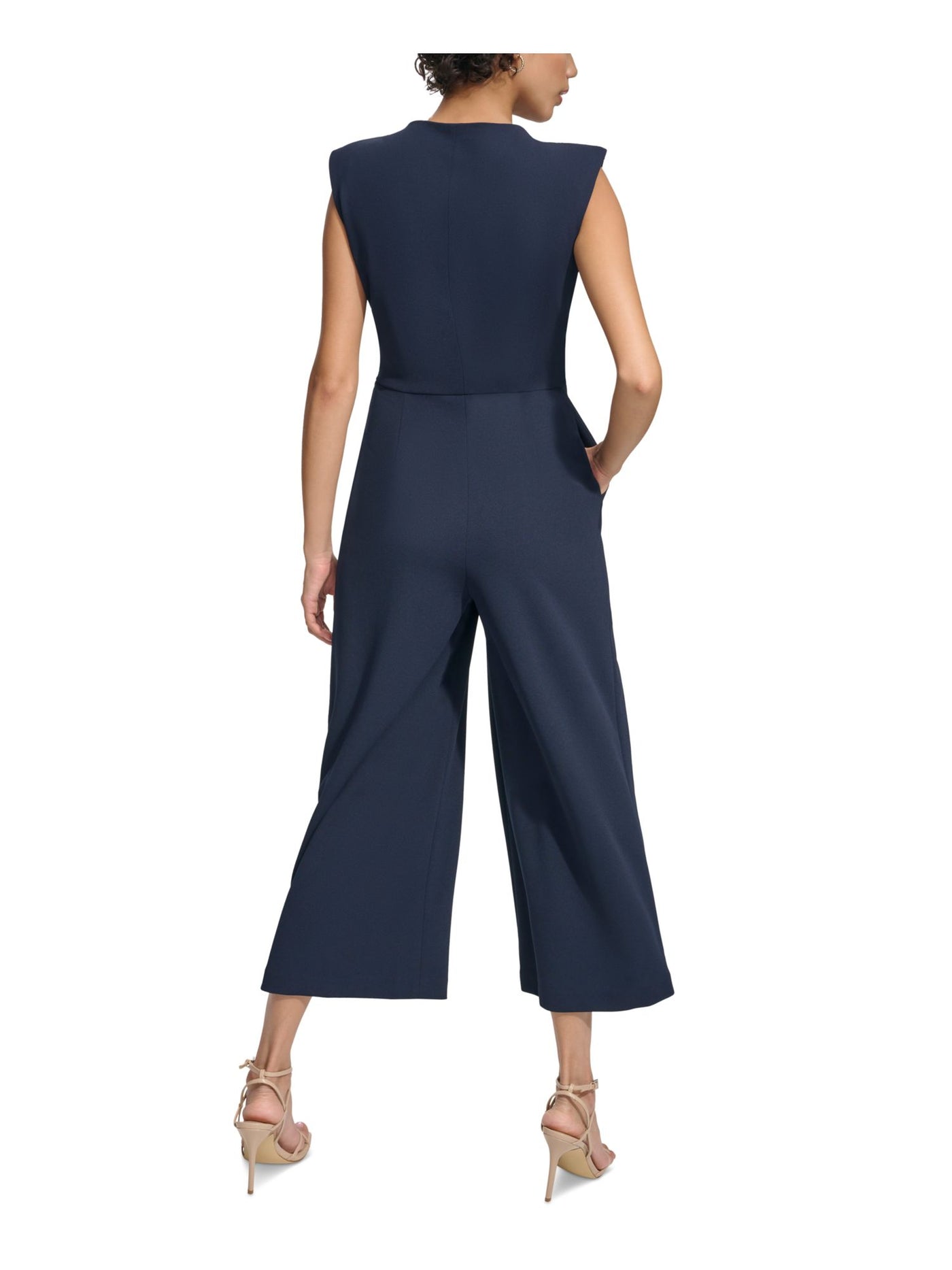 CALVIN KLEIN Womens Navy Zippered Pocketed Shoulder Pads Cropped Cap Sleeve V Neck Wear To Work Wide Leg Jumpsuit 14