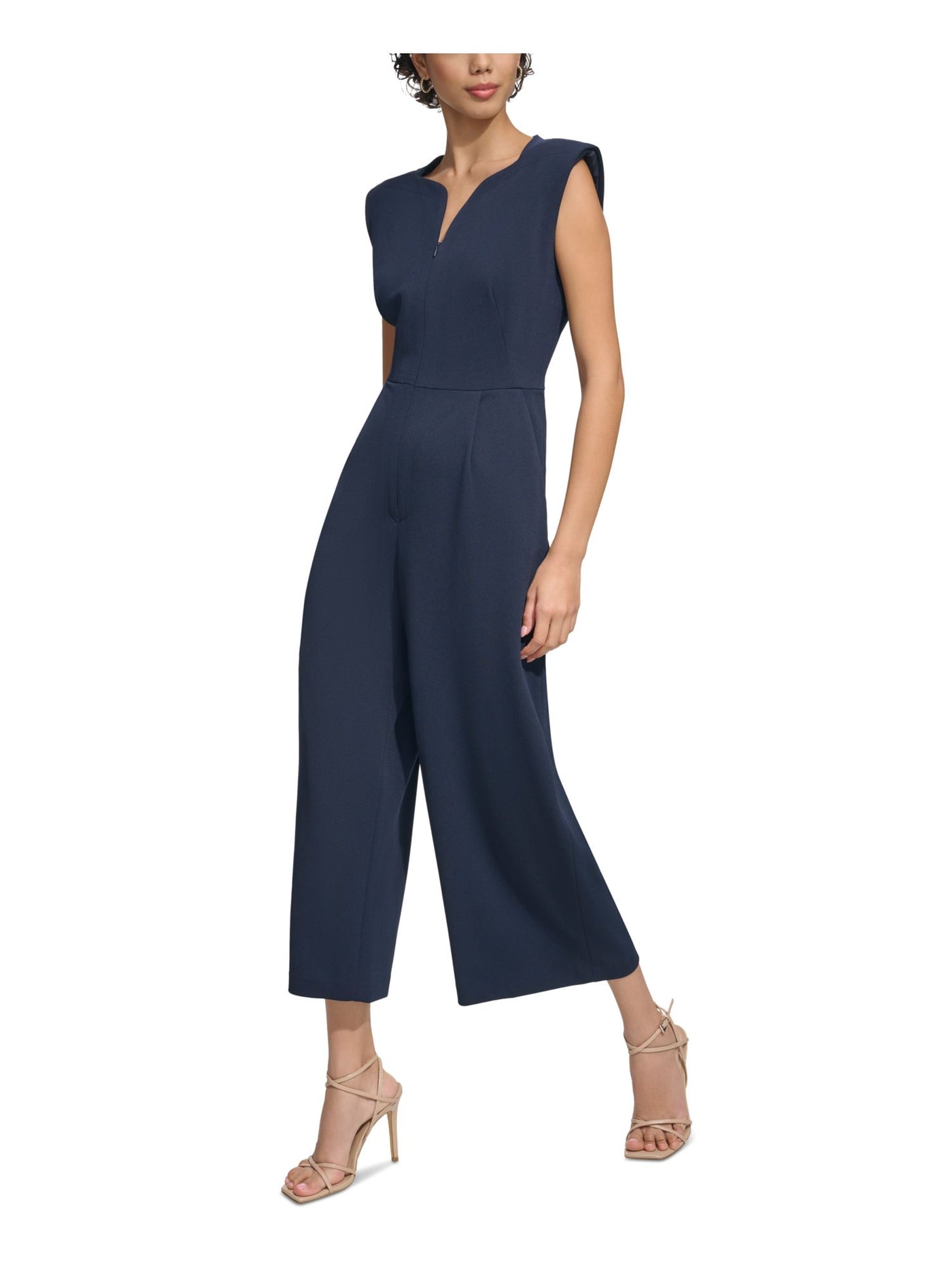 CALVIN KLEIN Womens Navy Zippered Pocketed Shoulder Pads Cropped Cap Sleeve V Neck Wear To Work Wide Leg Jumpsuit 14