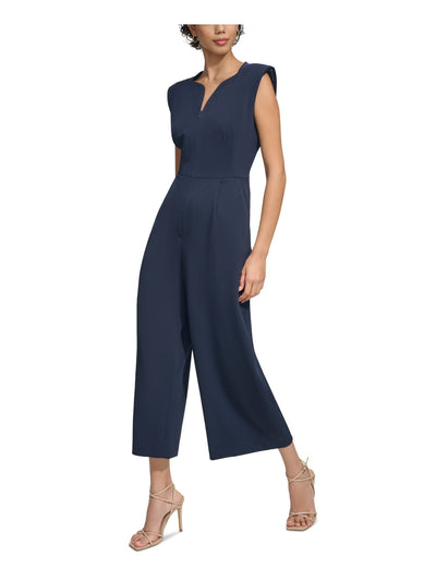 CALVIN KLEIN Womens Navy Zippered Pocketed Shoulder Pads Cropped Cap Sleeve V Neck Wear To Work Wide Leg Jumpsuit 12