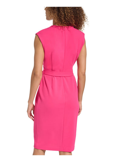 CALVIN KLEIN Womens Pink Pleated Zippered Self-tie Belt Cap Sleeve Jewel Neck Knee Length Wear To Work Sheath Dress 8