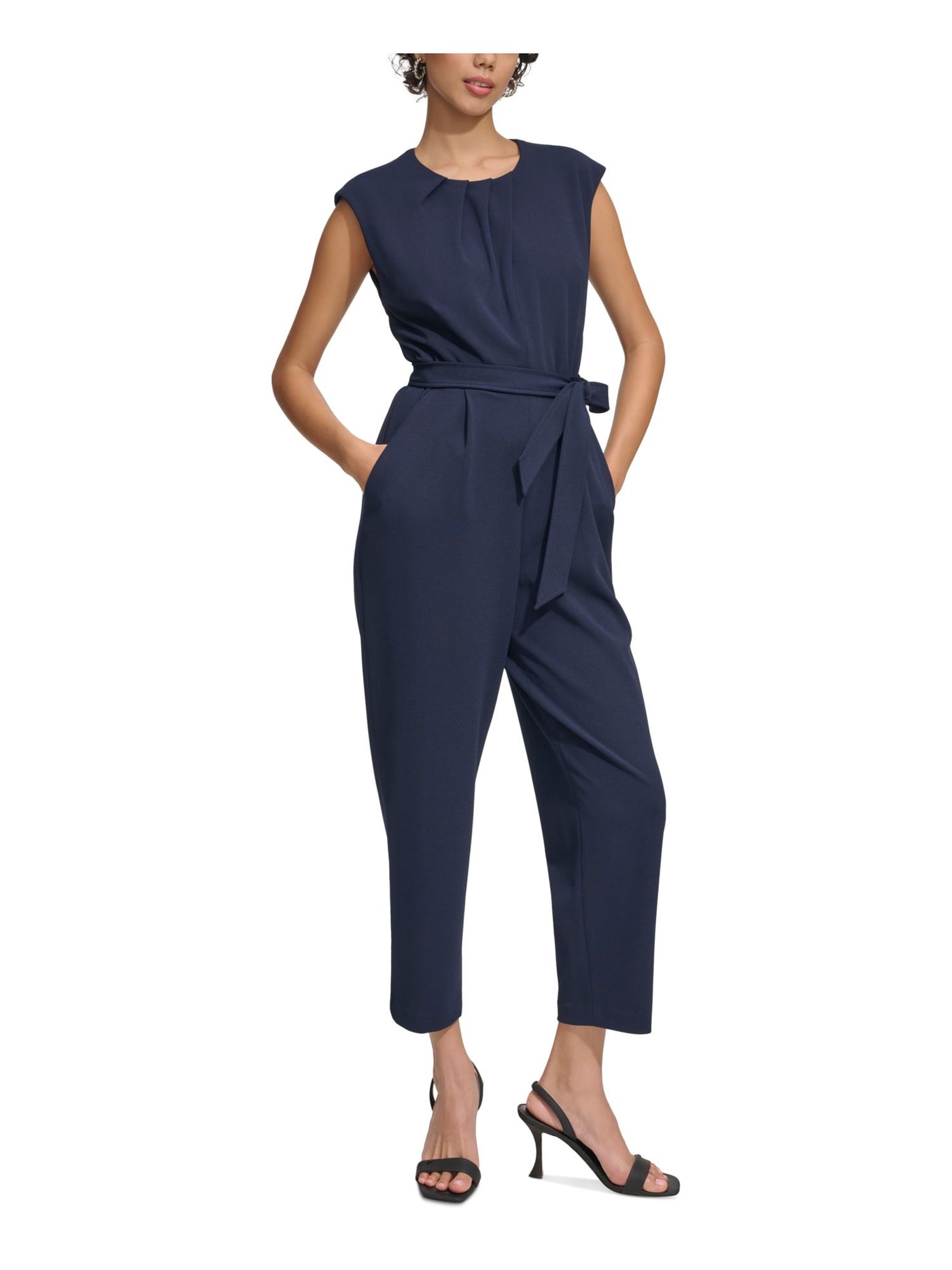 CALVIN KLEIN Womens Navy Pleated Zippered Pocketed Tie-belt Sleeveless Jewel Neck Wear To Work Cropped Jumpsuit 2