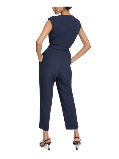 CALVIN KLEIN Womens Navy Pleated Zippered Pocketed Tie-belt Sleeveless Jewel Neck Wear To Work Cropped Jumpsuit 2