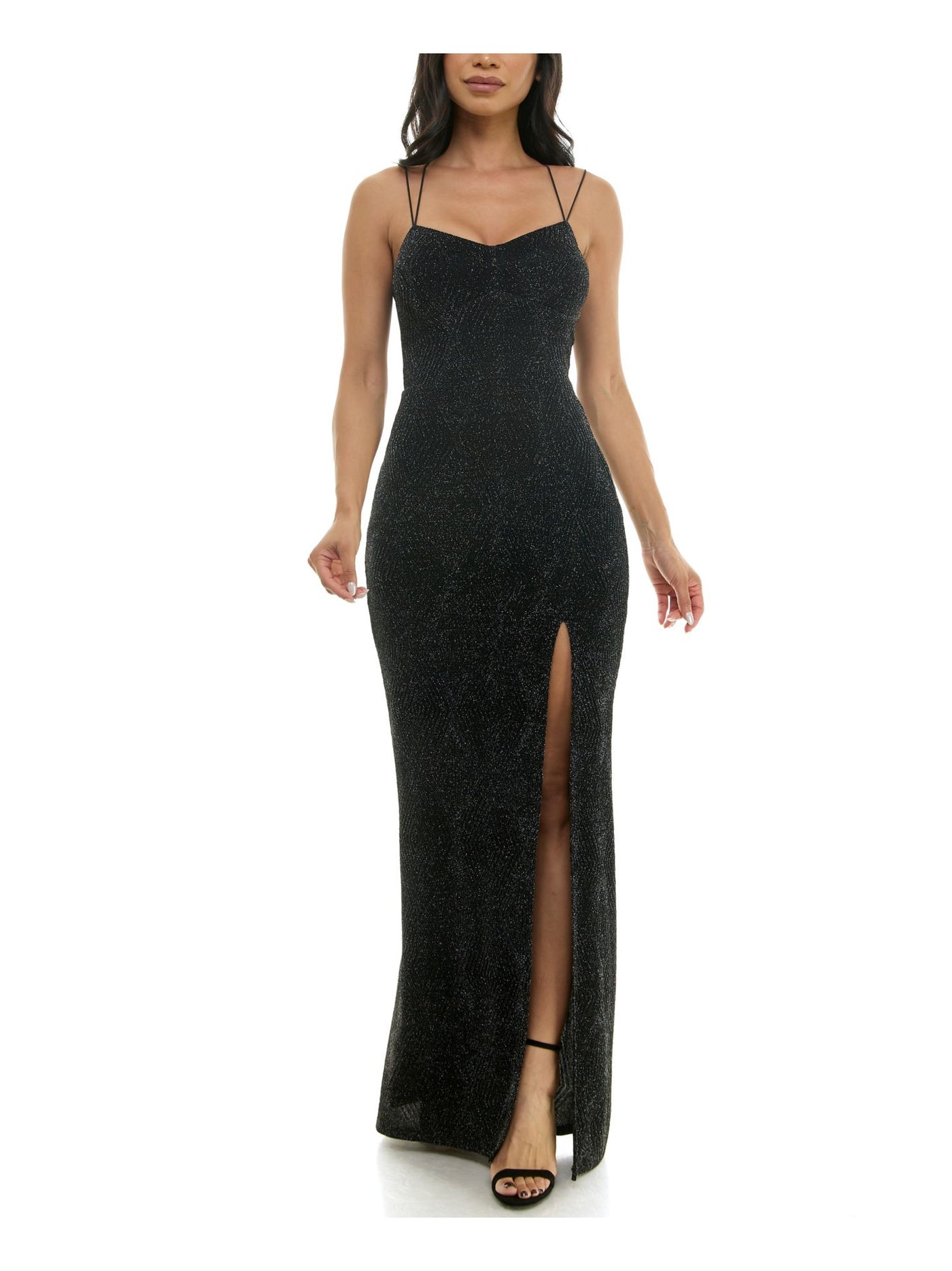 SPEECHLESS Womens Black Knit Glitter Slitted Zippered Lined Strappy Spaghetti Strap Sweetheart Neckline Full-Length Formal Gown Dress Juniors S