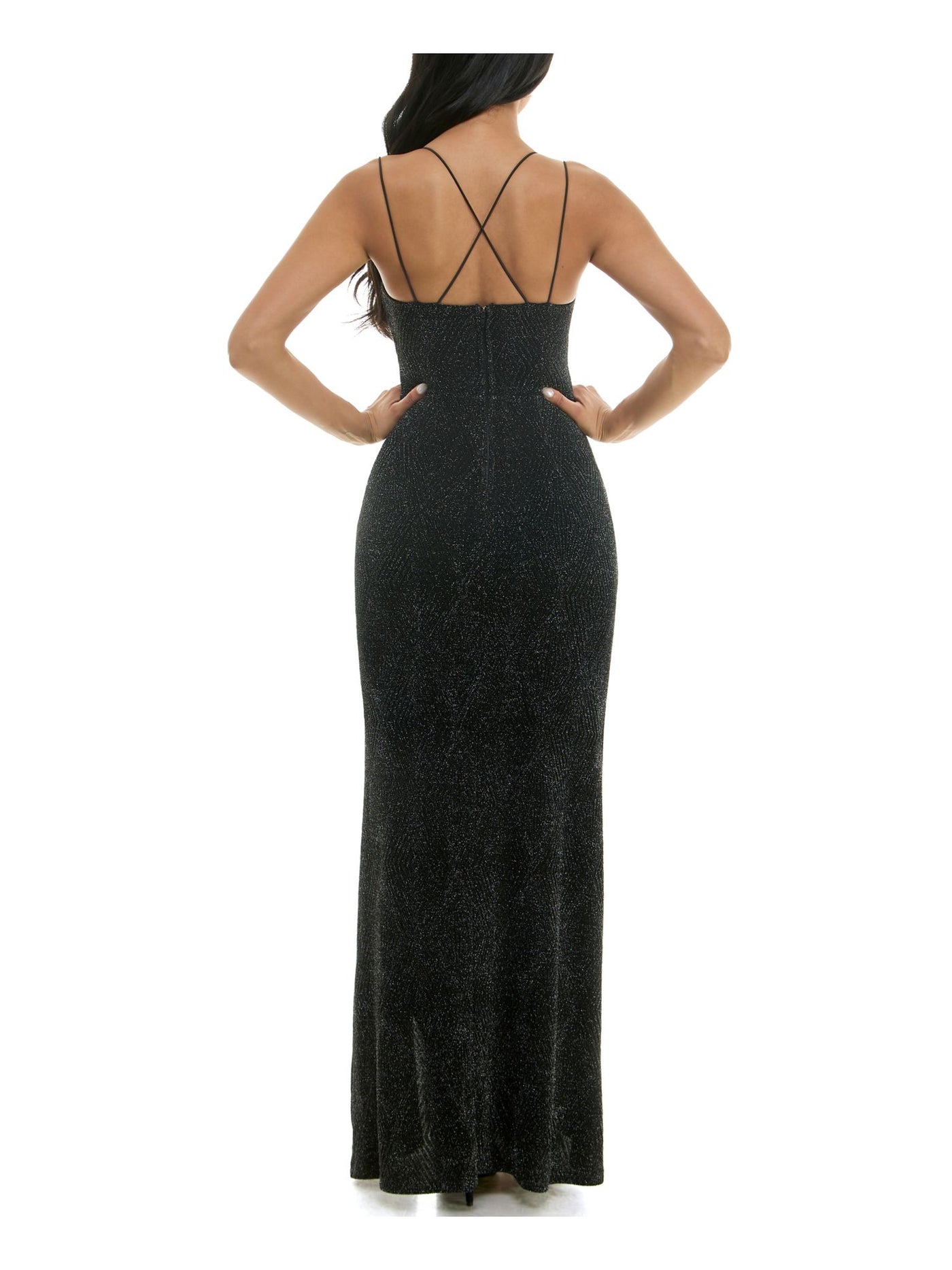 SPEECHLESS Womens Black Knit Glitter Slitted Zippered Lined Strappy Spaghetti Strap Sweetheart Neckline Full-Length Formal Gown Dress Juniors S