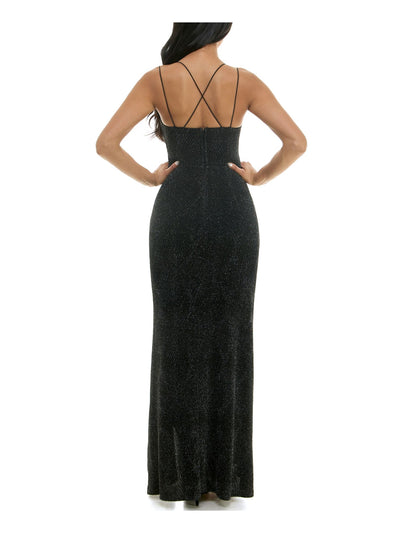 SPEECHLESS Womens Black Knit Glitter Slitted Zippered Lined Strappy Spaghetti Strap Sweetheart Neckline Full-Length Formal Gown Dress Juniors S