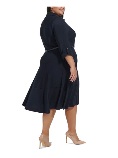TOMMY HILFIGER Womens Navy Jersey Belted Button Down Darted Roll-tab Sleeve Point Collar Below The Knee Shirt Dress Plus 20W